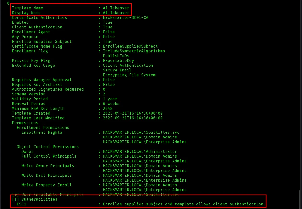 Enumerate the AD CS to find the ESC1 privilege path